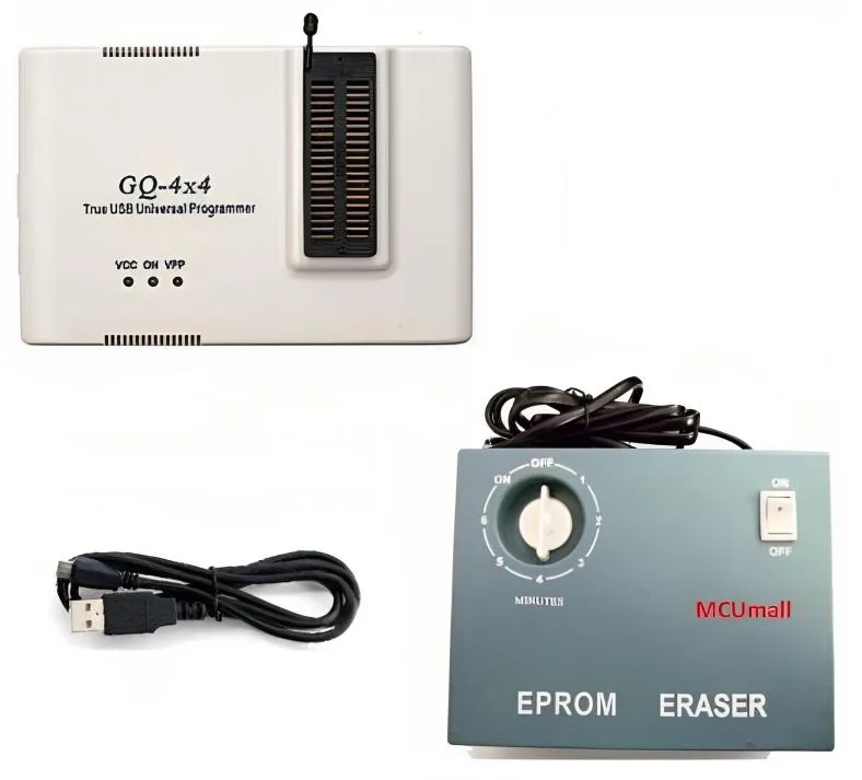 White boxy EPROM programmer with 40pin ZIF socket and UV eraser unit