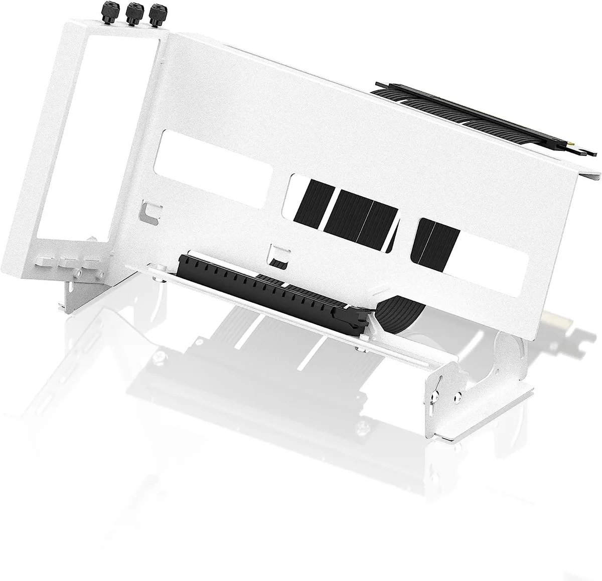 White metal GPU bracket with magnetic base, adjustable angle and short white riser cable attached