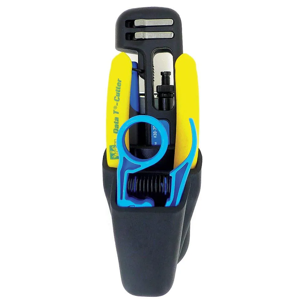 Three-piece communications tool kit in pouch with cable cutter stripper and coax compression tool