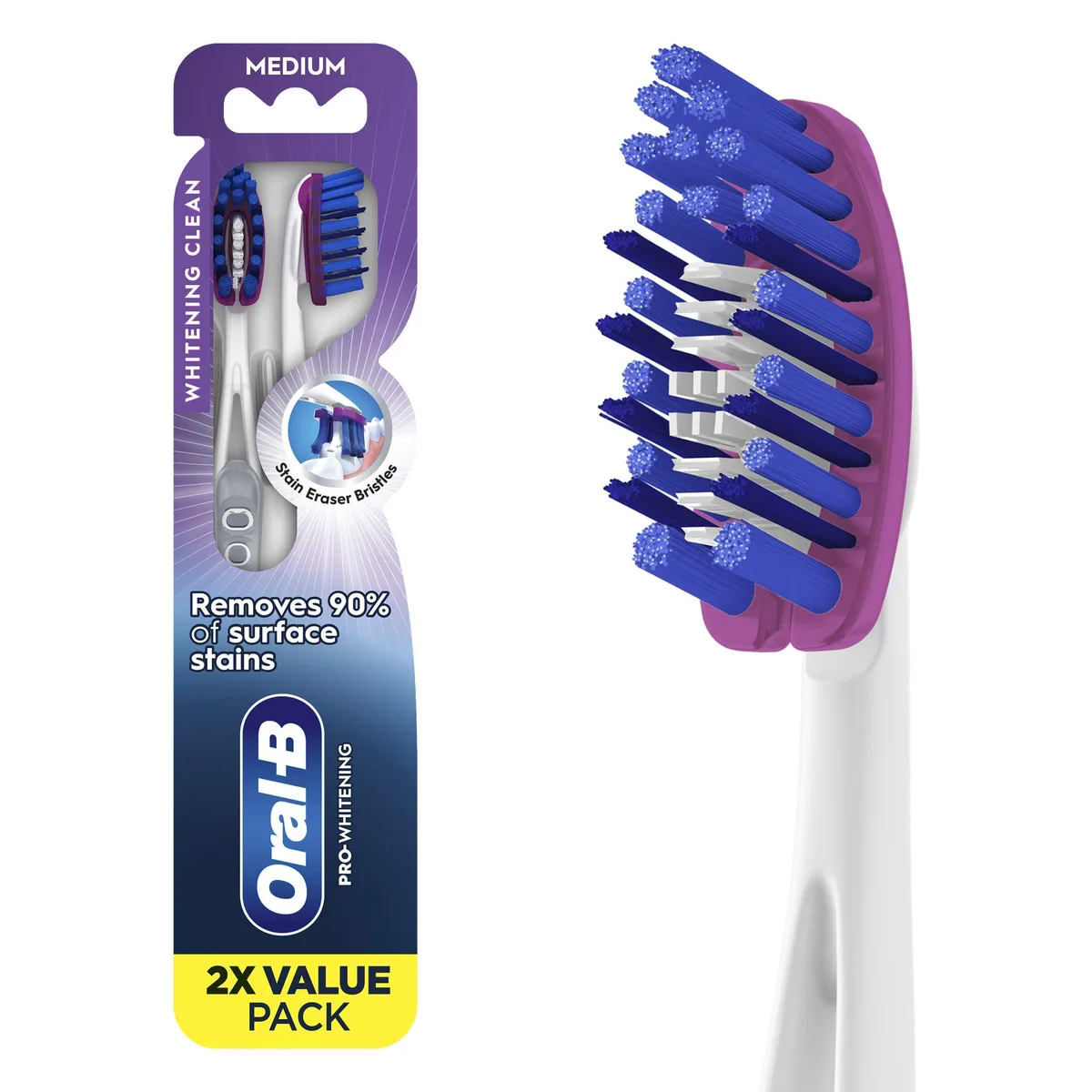 Two white manual toothbrushes with flexible sides and stain eraser heads