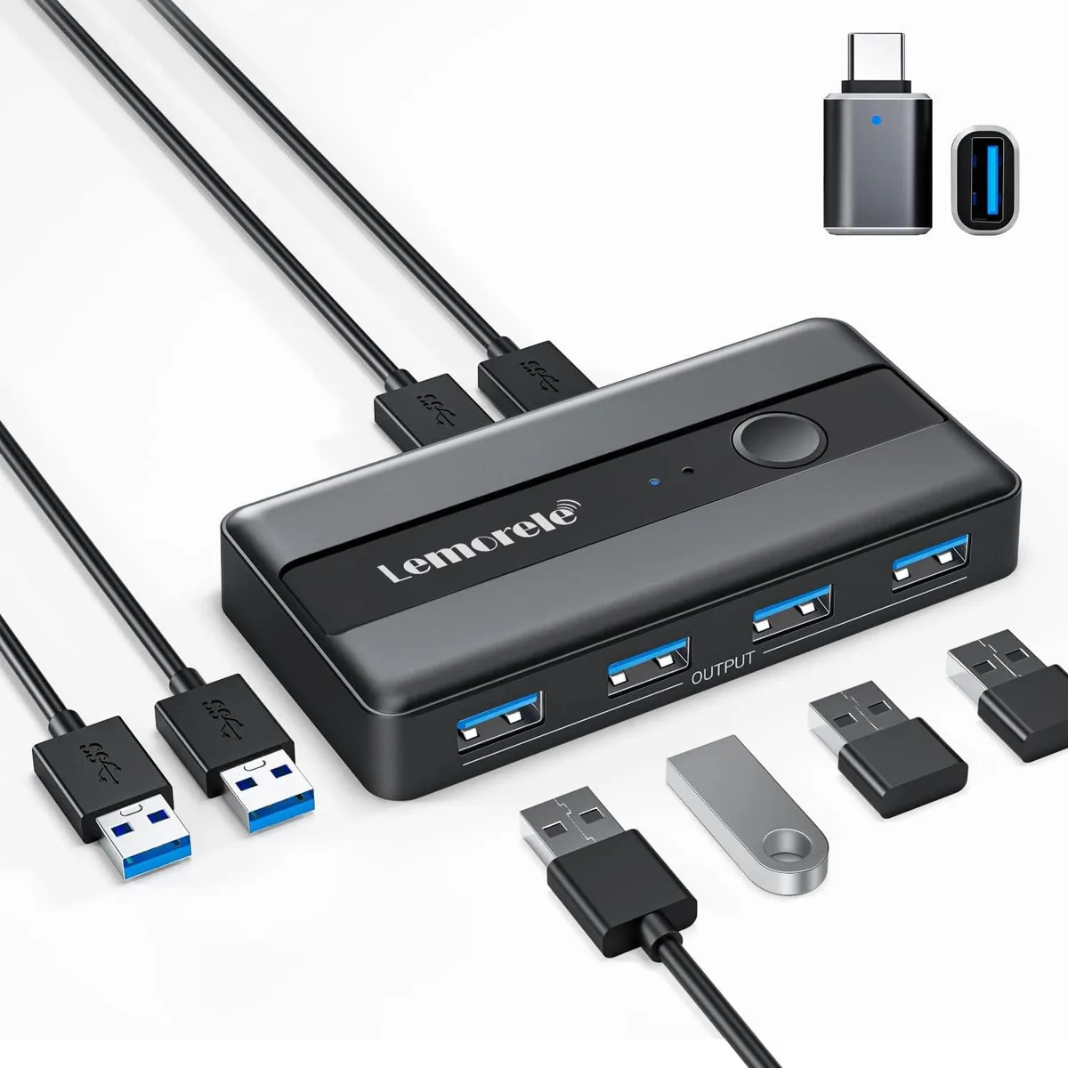 Small rectangular box with four front ports and LED button