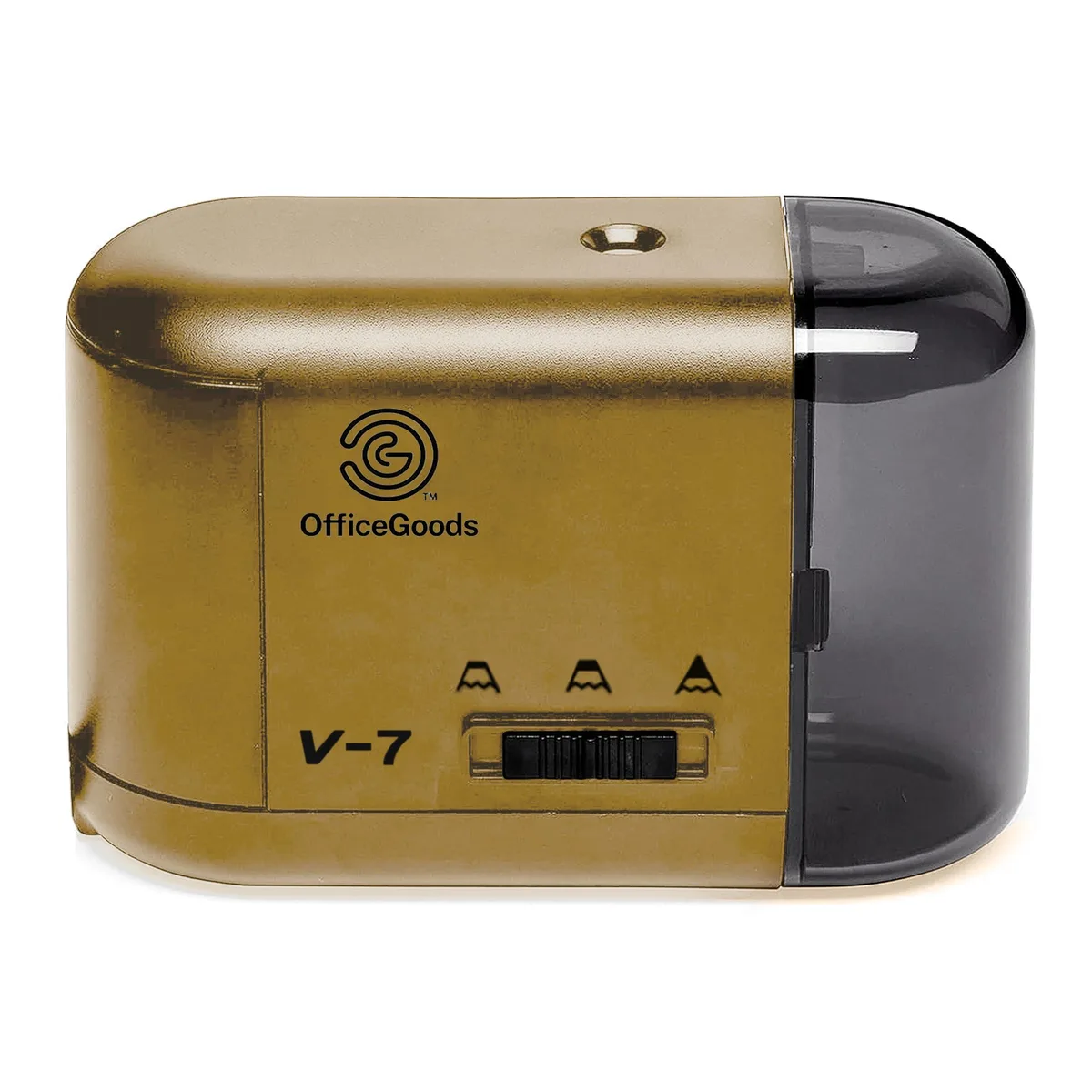 Gold electric pencil sharpener, compact rectangular shape, battery powered