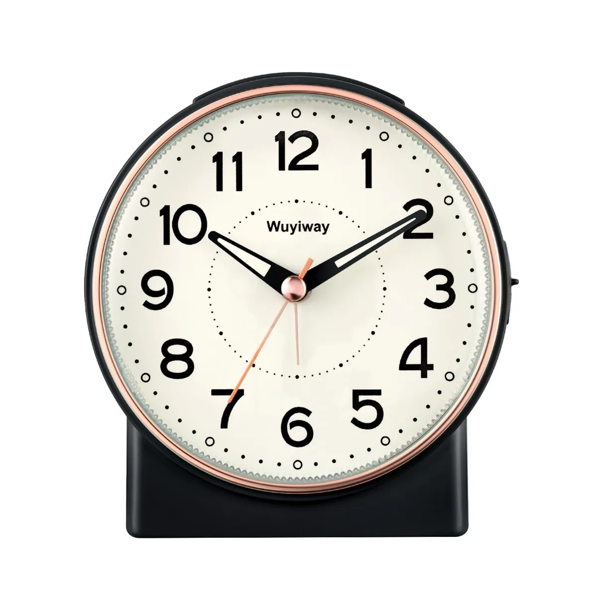 Small 4.0 inch black vintage analog alarm clock with large numerals, side switch, and light button