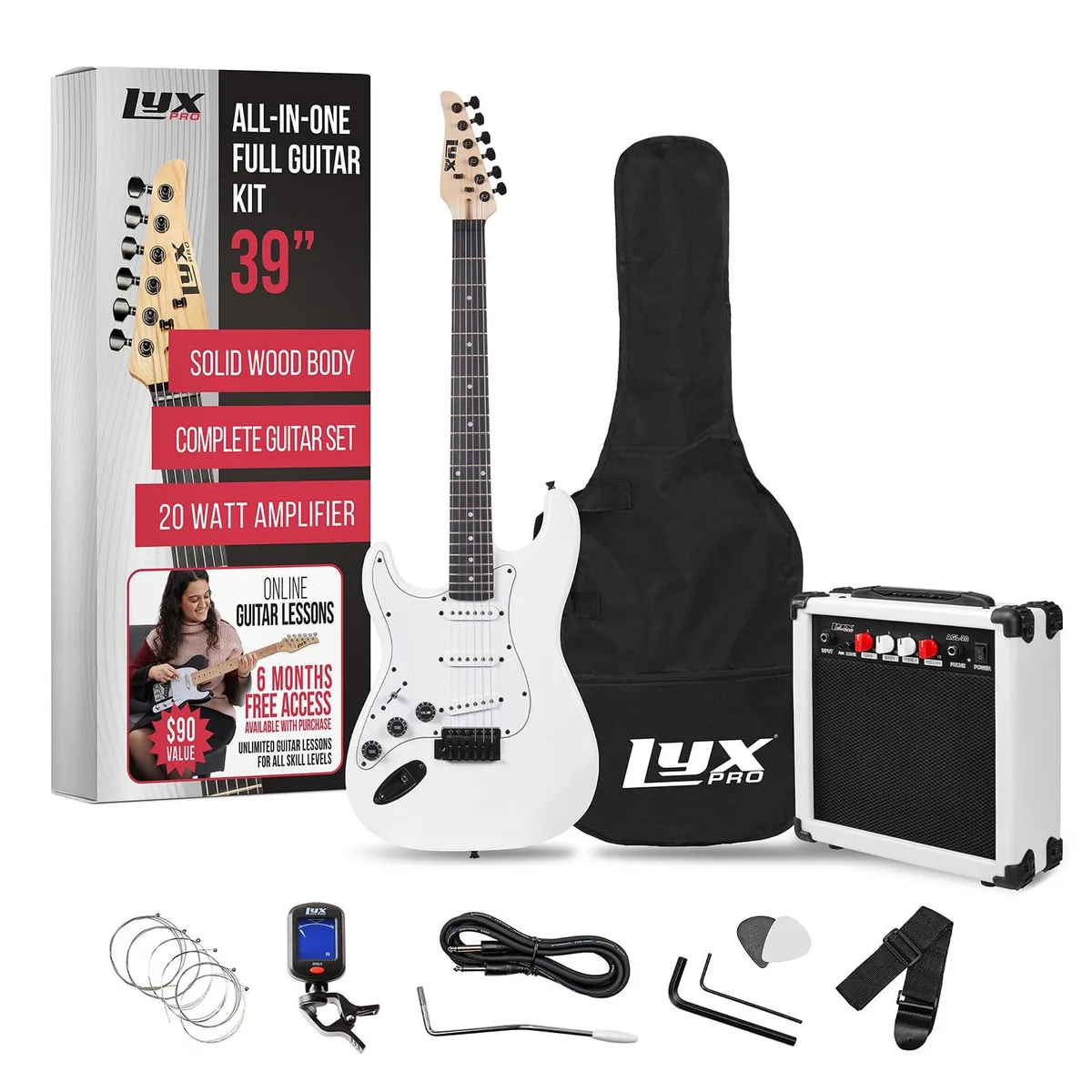 LyxPro LyxPro Left Hand 39 Inch Electric Guitar Starter Kit White — product photo