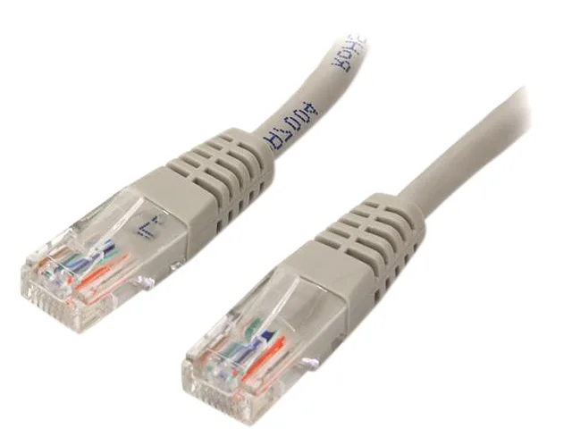 Gray Cat5e patch cable with molded RJ45 connectors, ten feet long