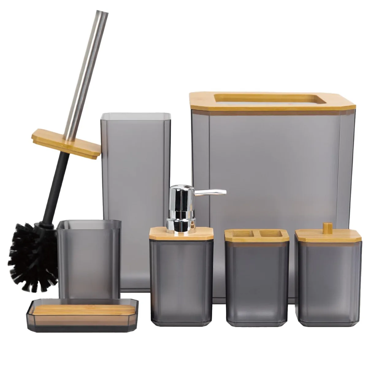 Seven-piece black plastic bath accessory set on countertop
