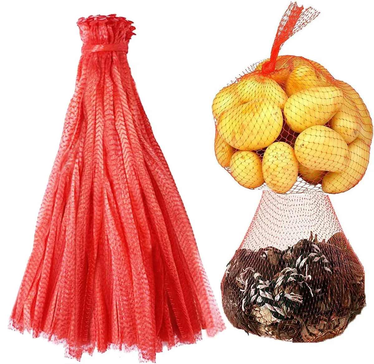Bundle of 100 white mesh produce bags, 24 inch length, drawstring closure, lightweight nylon fabric