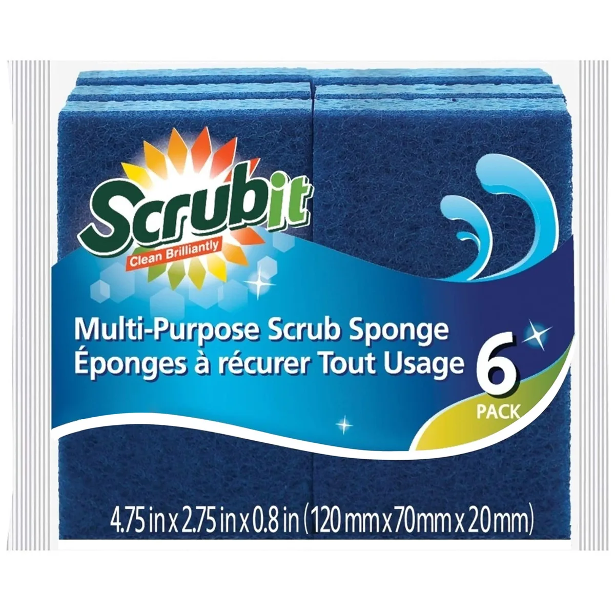 Six rectangular sponges, yellow with green scrubber side, stacked together