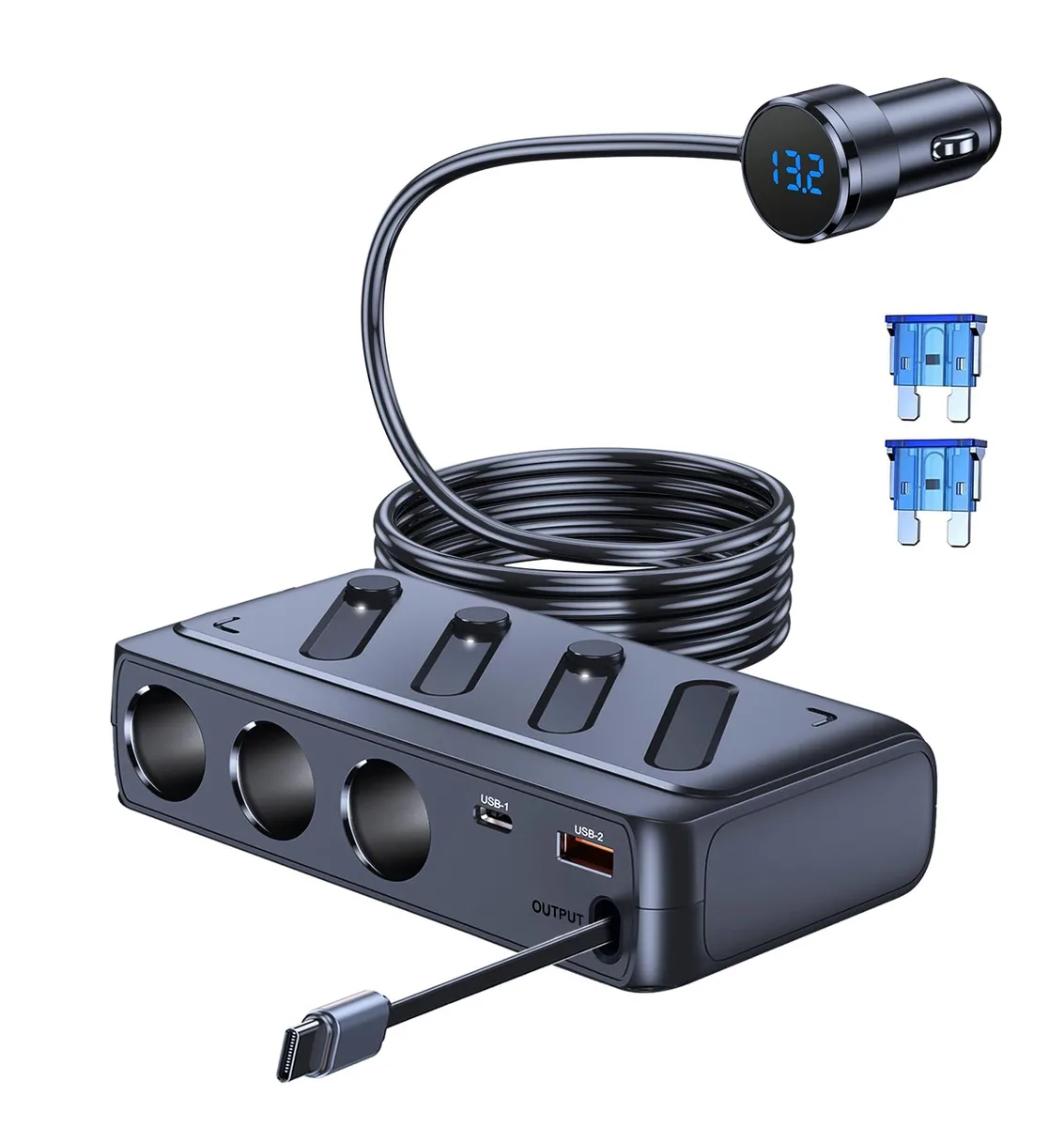  Cable Matters C29 Cigarette Lighter Splitter 3 Sockets 2 USB-C PD 45W Retractable Cable 142W Total 3.3ft — product photo