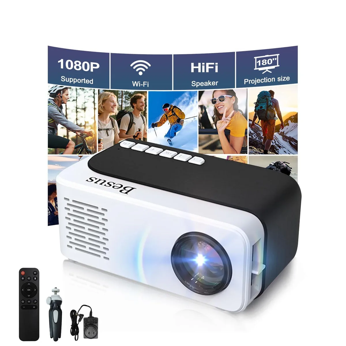 Compact black LCD projector with small tripod stand