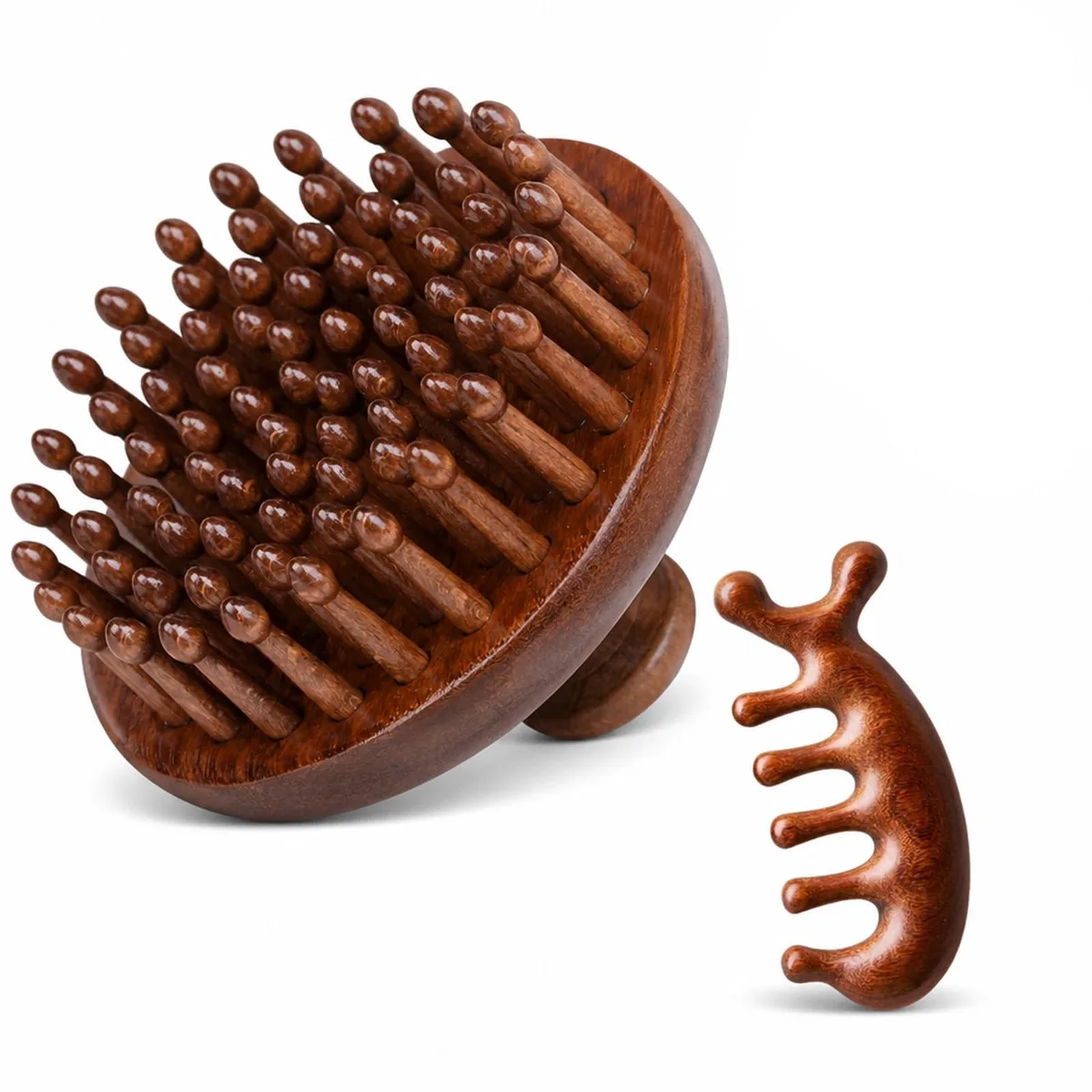 Wooden scalp massager comb, copper finish, fine teeth, rounded tips, ergonomic handheld design