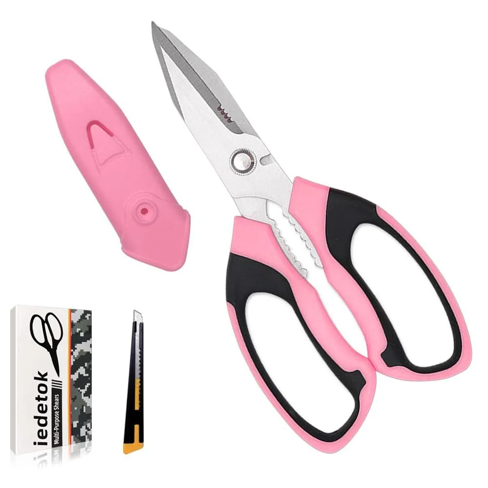 Blue stainless steel scissors with textured handles, 23.1 cm long, safety cover included