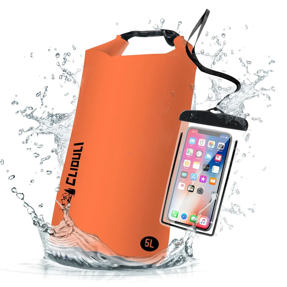 Orange polyester dry bag with roll-top closure and buckle, 5L capacity