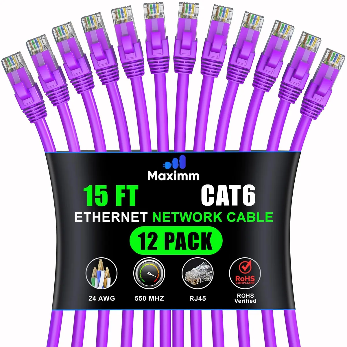 maximm maximm Cat 6 Ethernet Cable 15 ft 12-Pack Purple 2 in 1 accessory — product photo