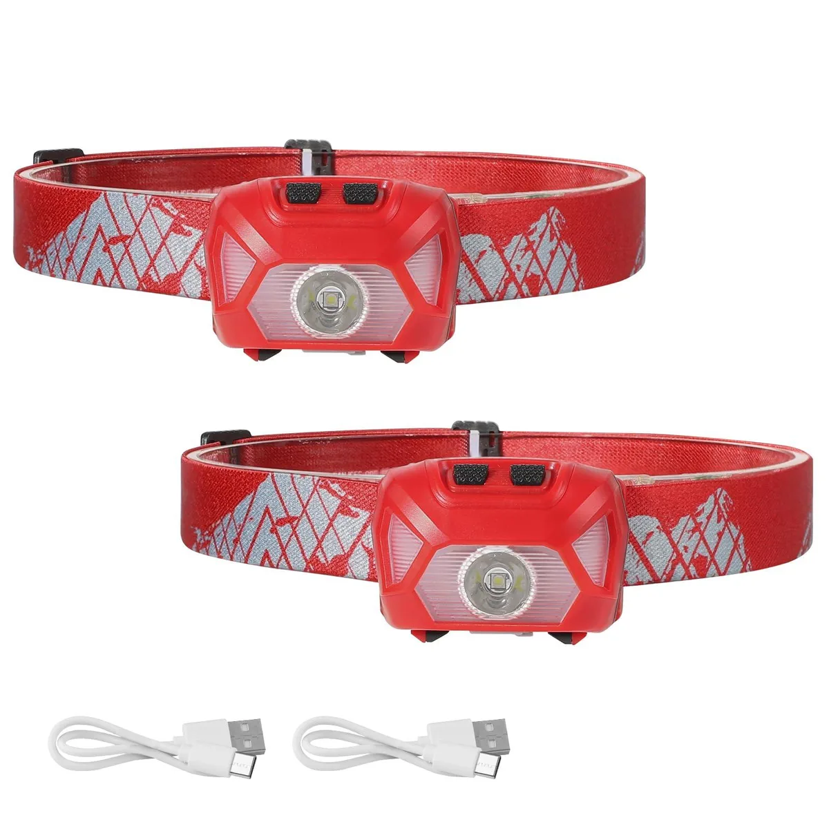 Two compact red headlamps with adjustable elastic straps, shown side by side