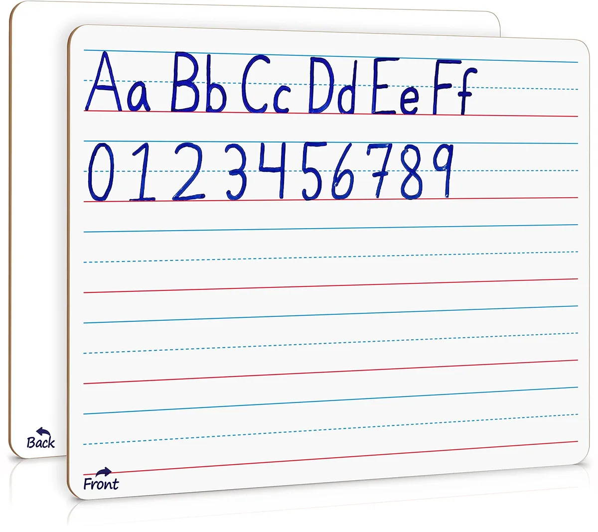 White rectangular dry-erase board with ruled lines on one side, smooth plain reverse, lightweight Masonite construction