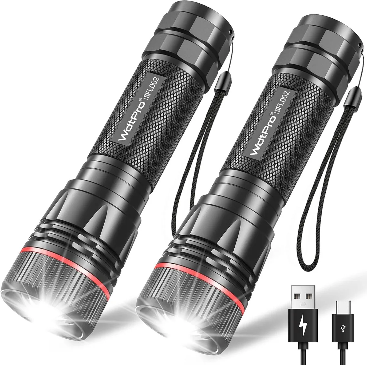 Two compact rechargeable flashlights, matte finish, 106 g each, Type-C charging