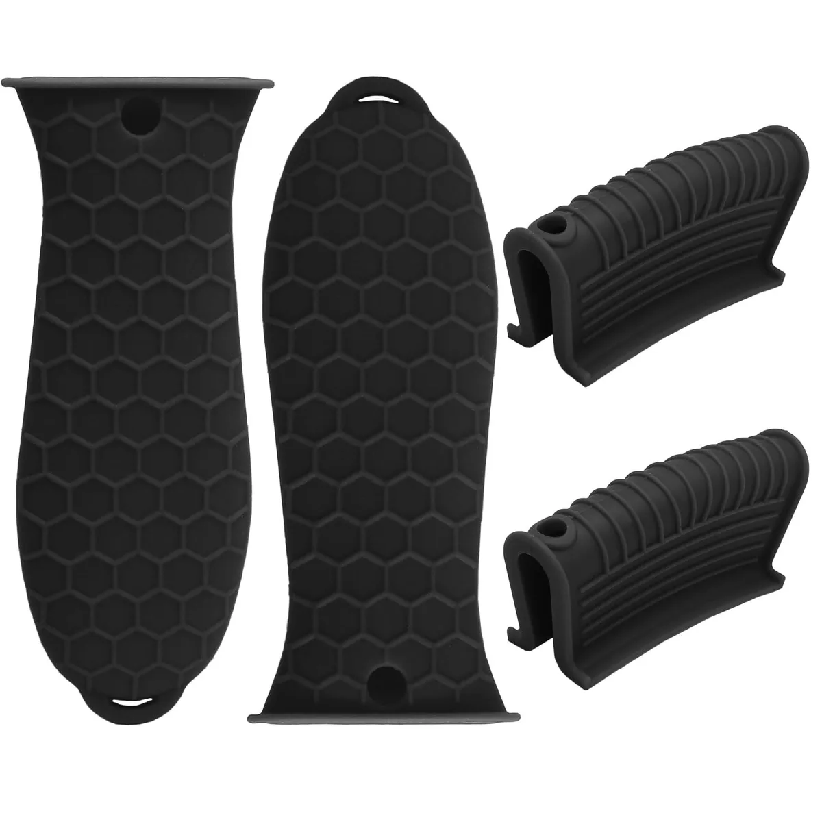 Four black rubber handle covers and sleeves for cast iron cookware
