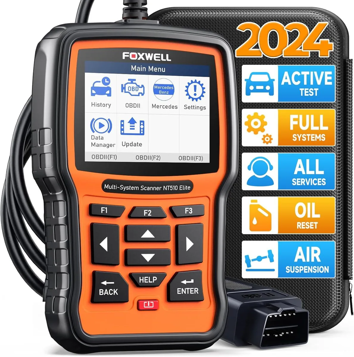 Handheld diagnostic scanner with colour screen and OBD cable