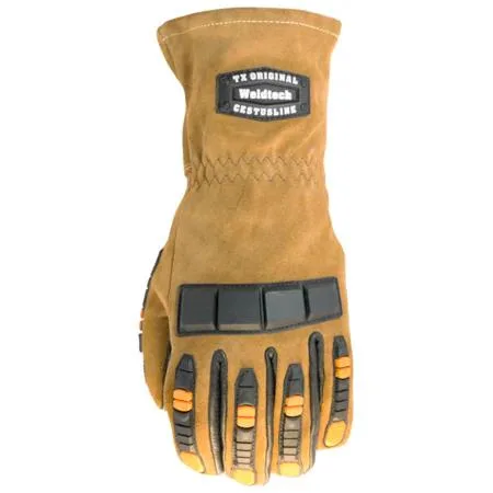 Pair of large brown leather welding gloves with padded palms and rubber knuckle guards