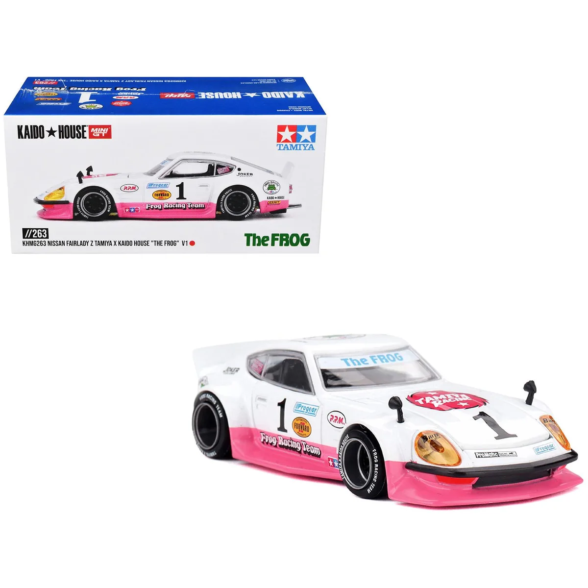 True True Nissan Fairlady Z RHD #1 Tamiya Racing Frog Team White Pink Kaido House 1/64 Diecast Car — product photo