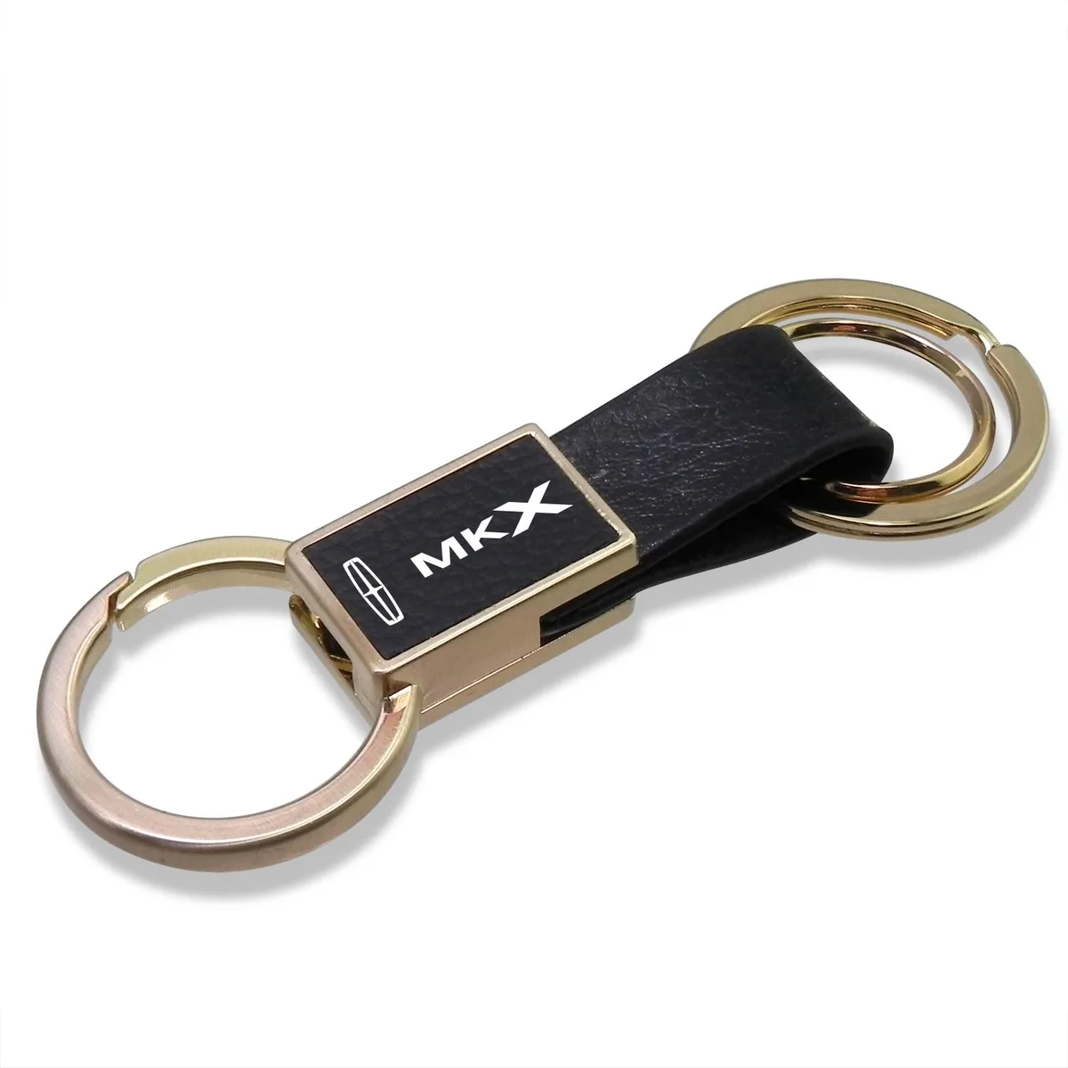 Black leather key chain with golden metal block, Lincoln logo, double rings and carabiner hook
