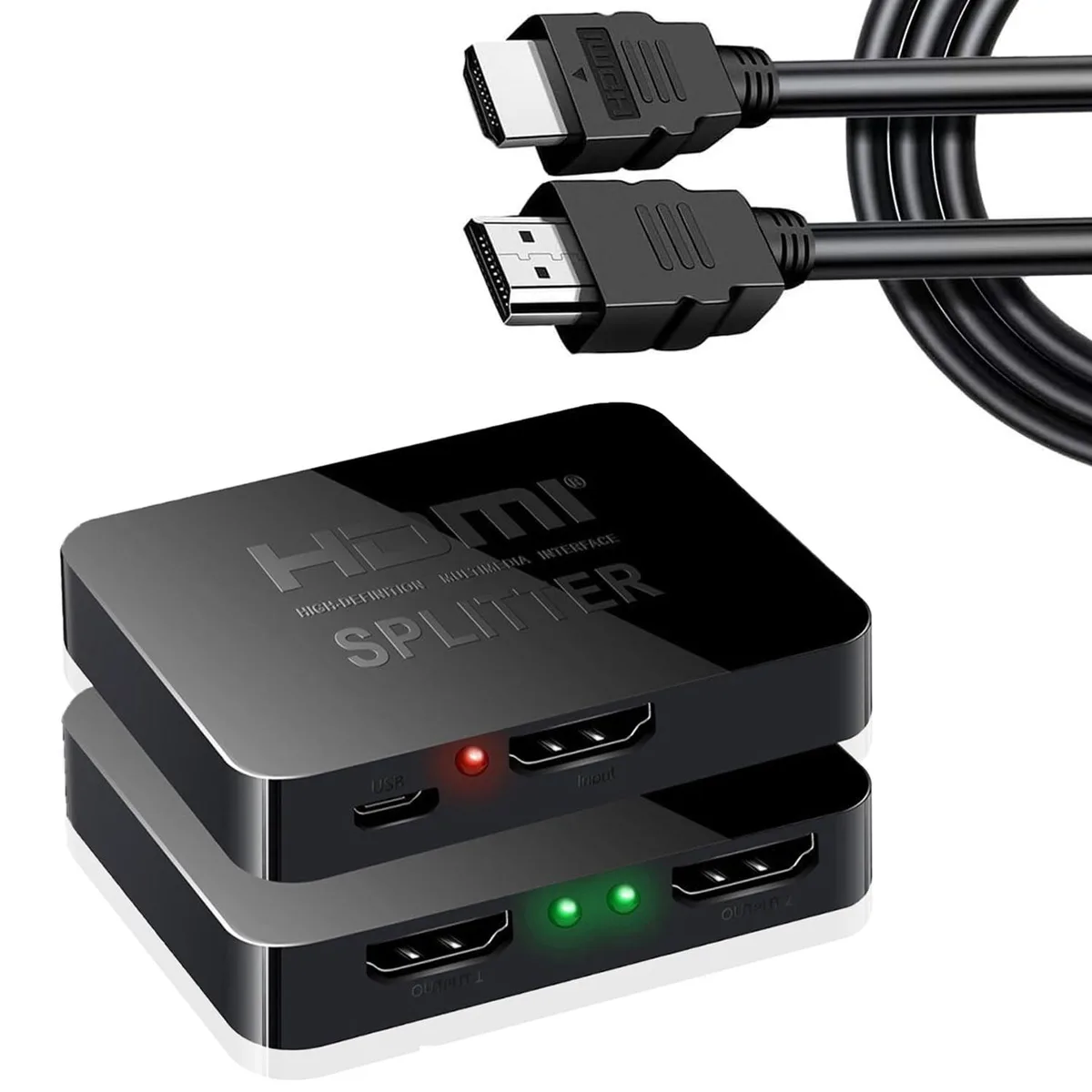 Small black metal box with two HDMI outputs and attached cable