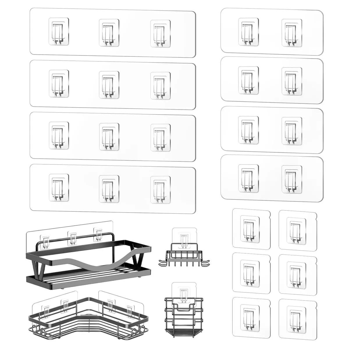 Fourteen clear adhesive hooks in three sizes on backing sheets