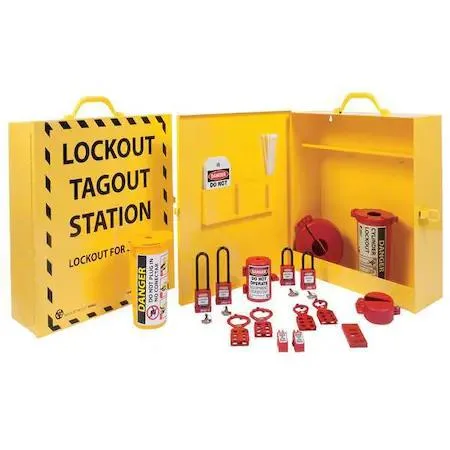 Yellow lockout station 18 in high with padlocks and tags