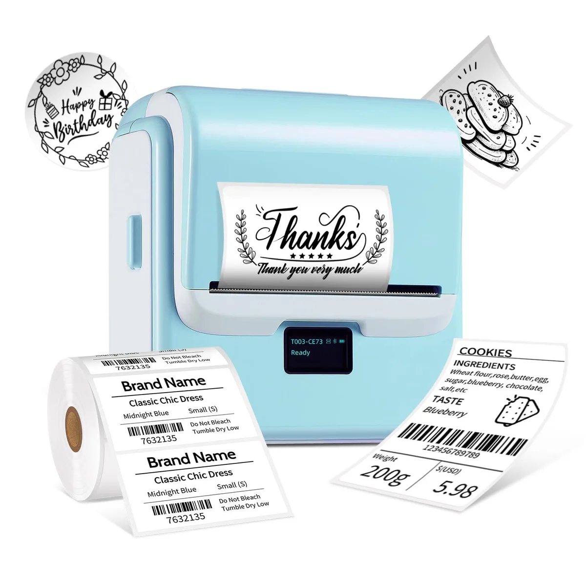 Compact blue thermal label printer with LED screen and USB port