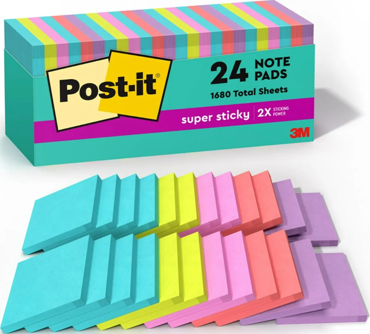 A cardboard box holding 24 square pads of neon sticky notes in five bright colours
