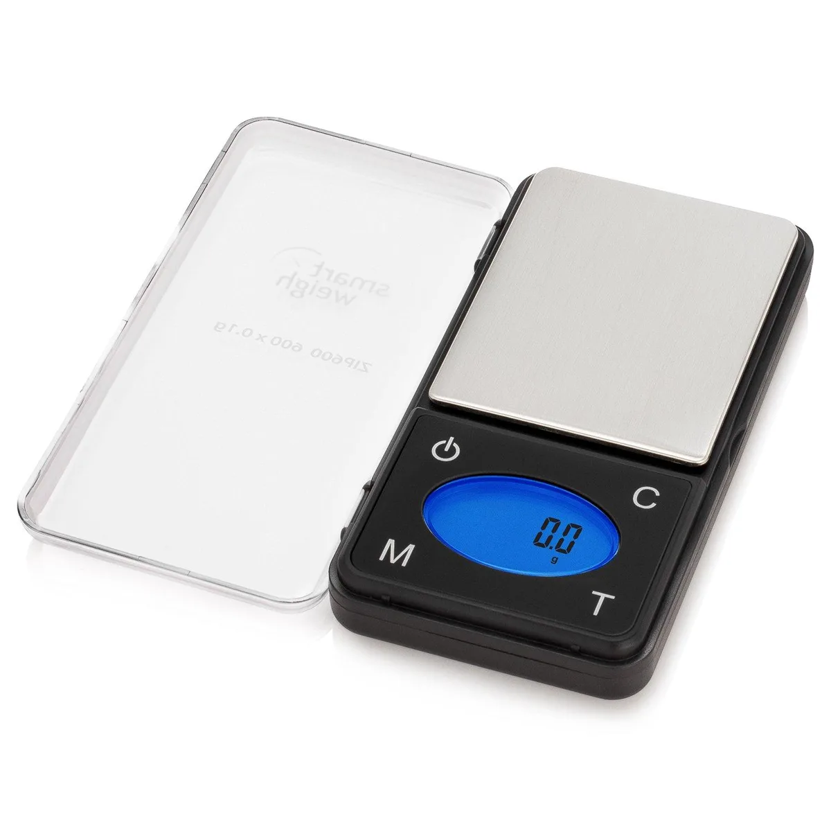 Black ultra-slim digital pocket scale with flip cover and blue LCD display