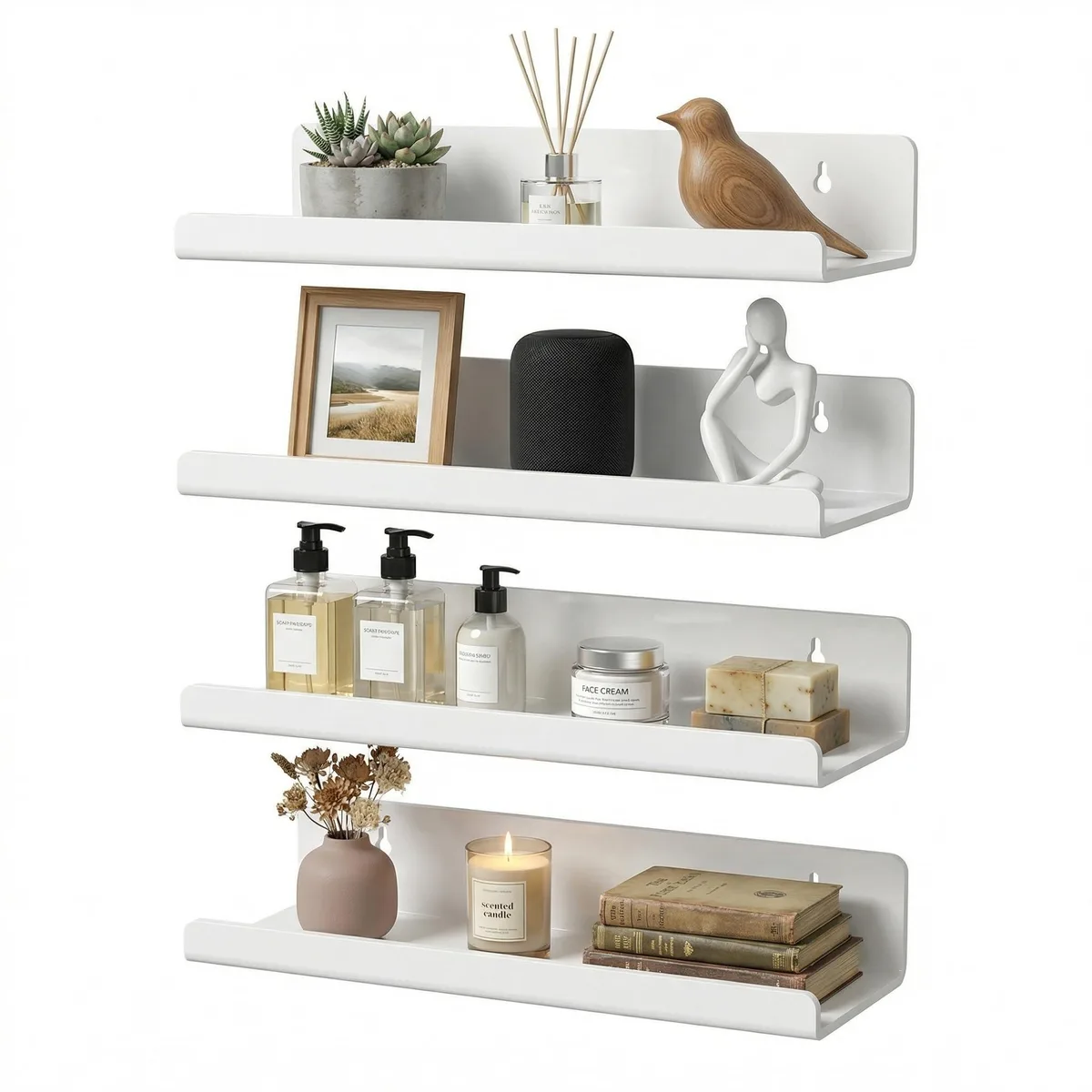 Four glossy white acrylic rectangular shelves, each 11.8 inches long with smooth edges