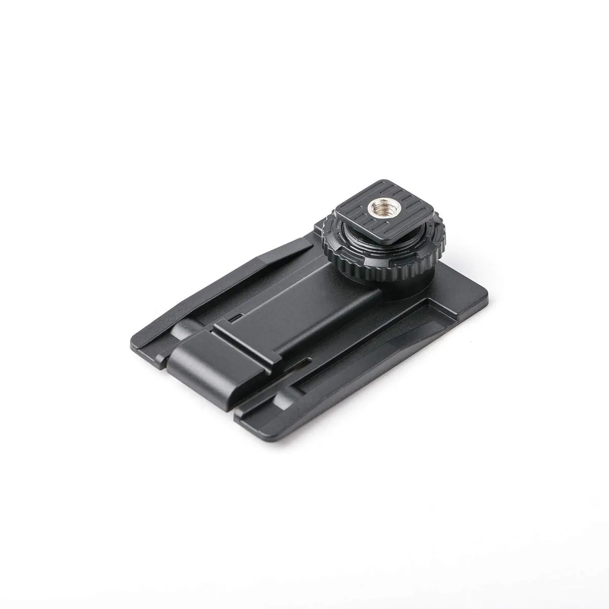 Small metal shoe-mount audio adapter with two clips