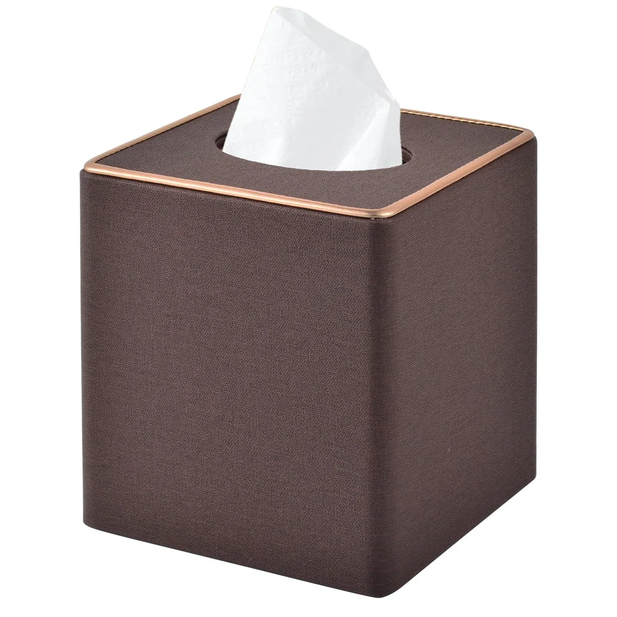 Square coffee PU leather tissue box cover with gold trim, magnetic base, flip lid, 13x13x14.5cm