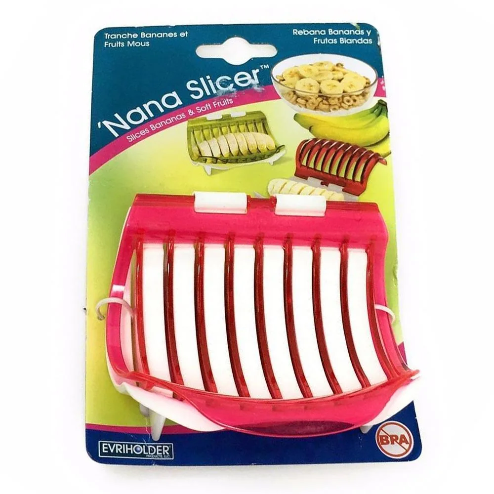 Yellow plastic banana slicer with wire blades, open clamshell design, lightweight handheld tool