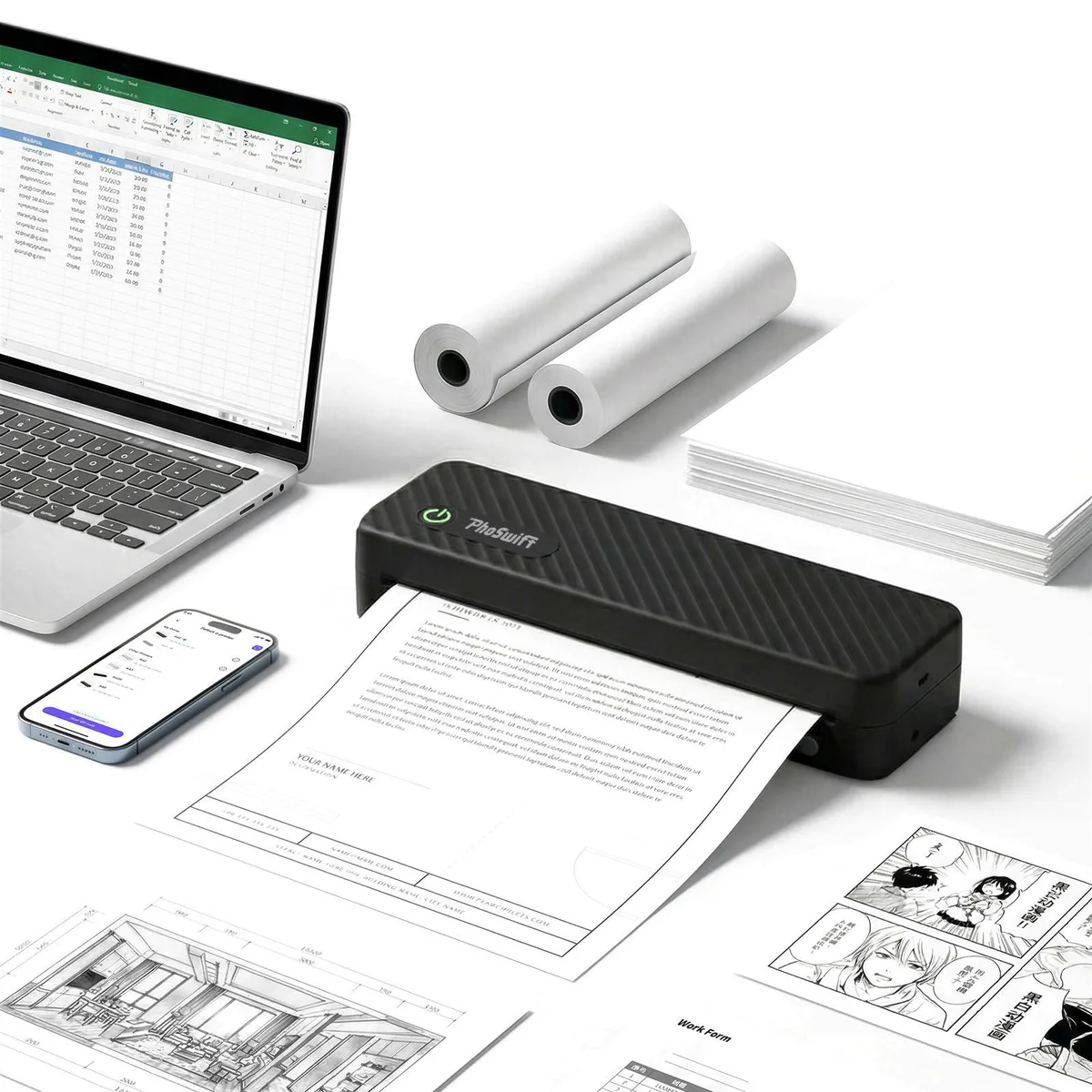 Compact white thermal receipt printer with paper roll visible