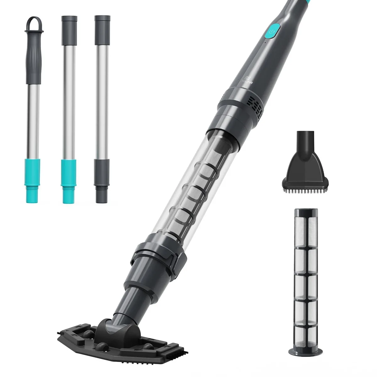 Black handheld pool vacuum with two brush heads and debris canister