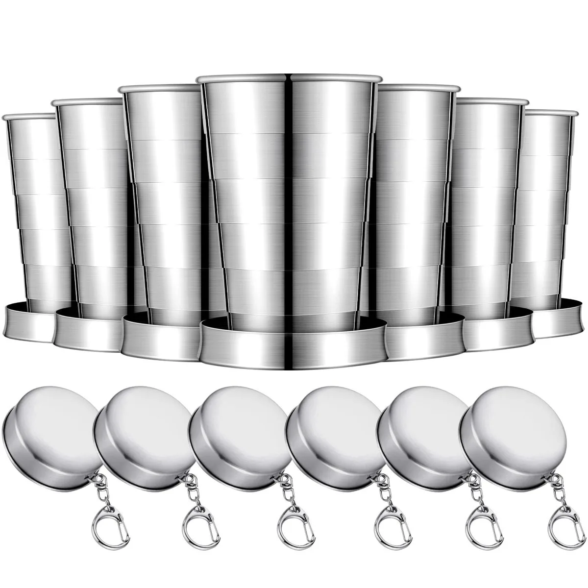  Tessco Collapsible Shot Glasses 2.5 oz 75 ml Stainless Steel with Lid &amp; Keychain — product photo