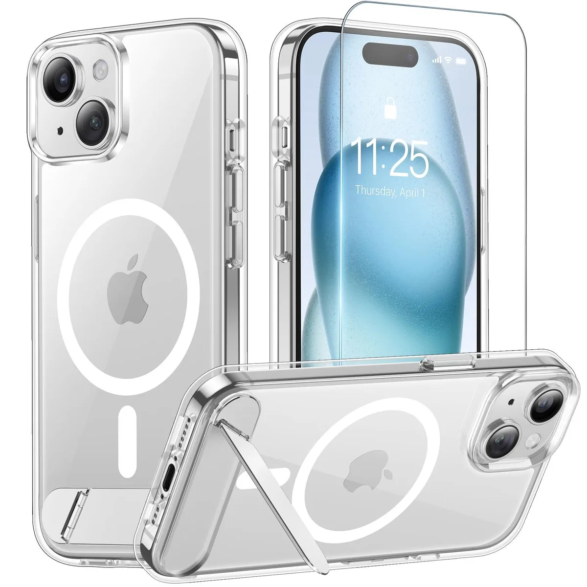 Clear iPhone 15 case with built-in kickstand and screen protector