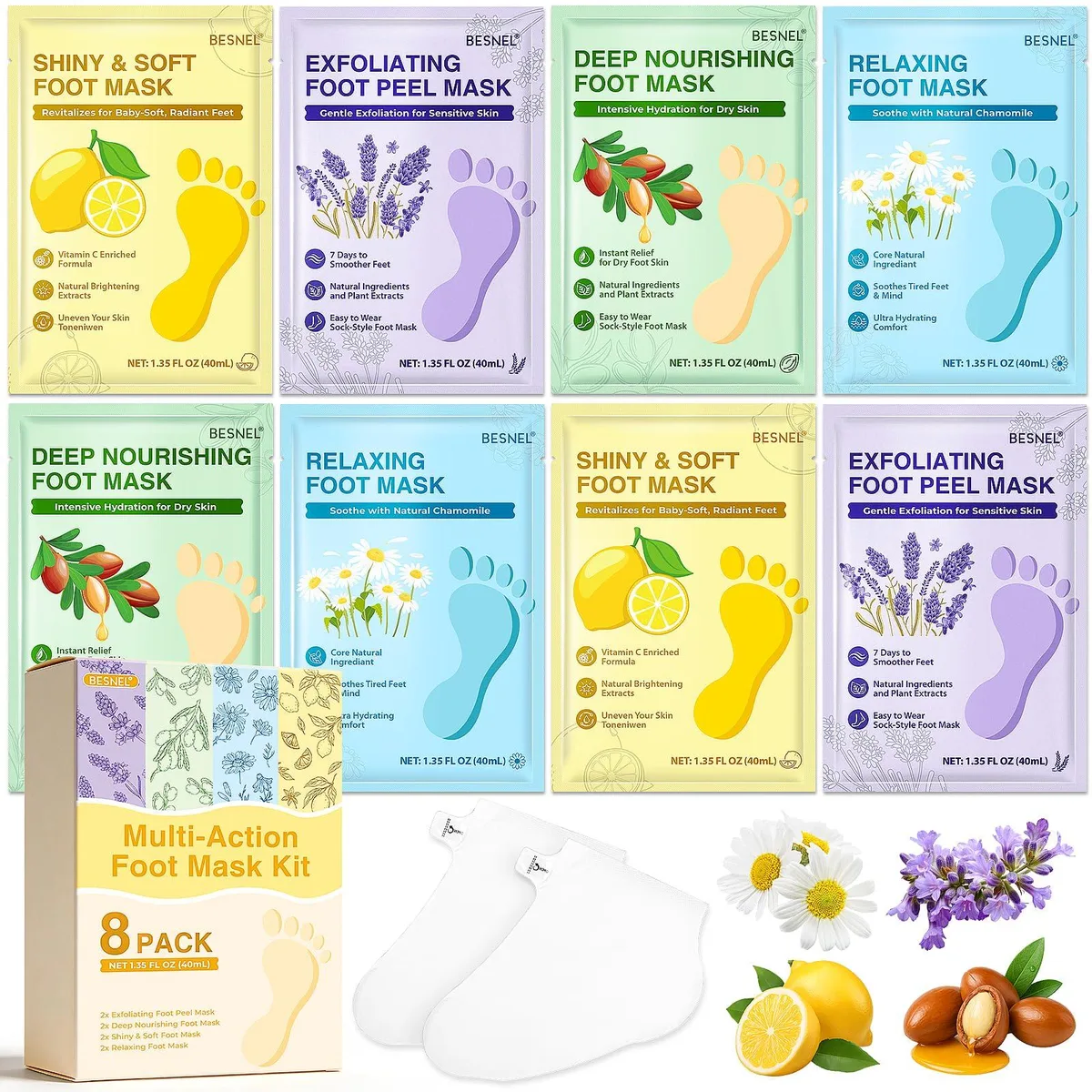 Eight moisturising foot mask sachets in a rectangular box