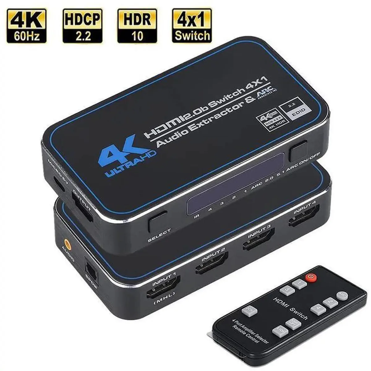 SMUGDESK SMUGDESK 4×1 HDMI Switch Audio Extractor IR Remote 4K60 1080P120 ARC — product photo