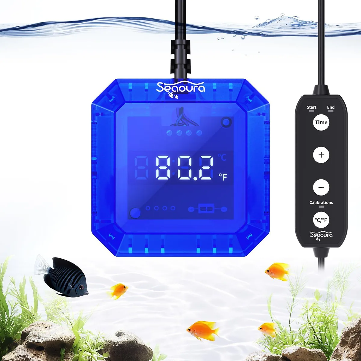 Blue submersible digital aquarium thermometer with USB cable and suction cups