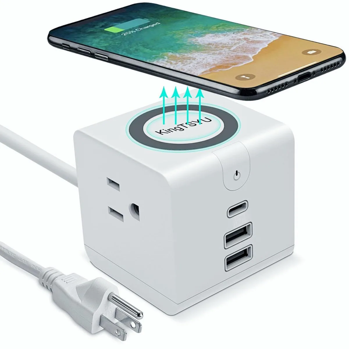 White vertical power strip tower with USB-C port, wireless charging pad on top, flat plug and five-foot cord