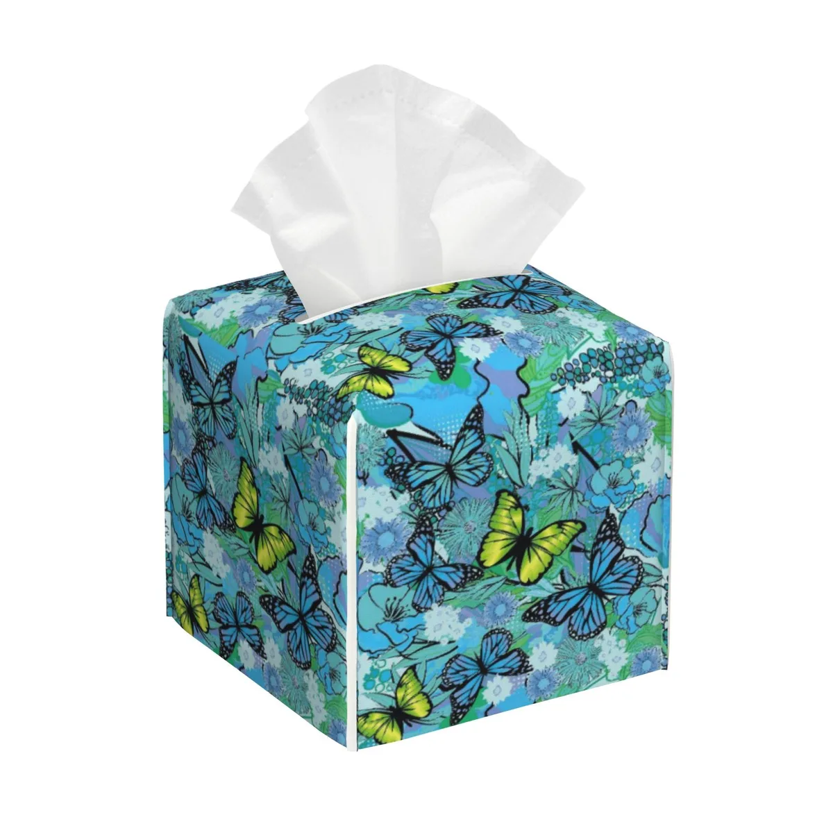Square blue tissue box cover with flower and butterfly print, 5.2 inch sides, velcro closure