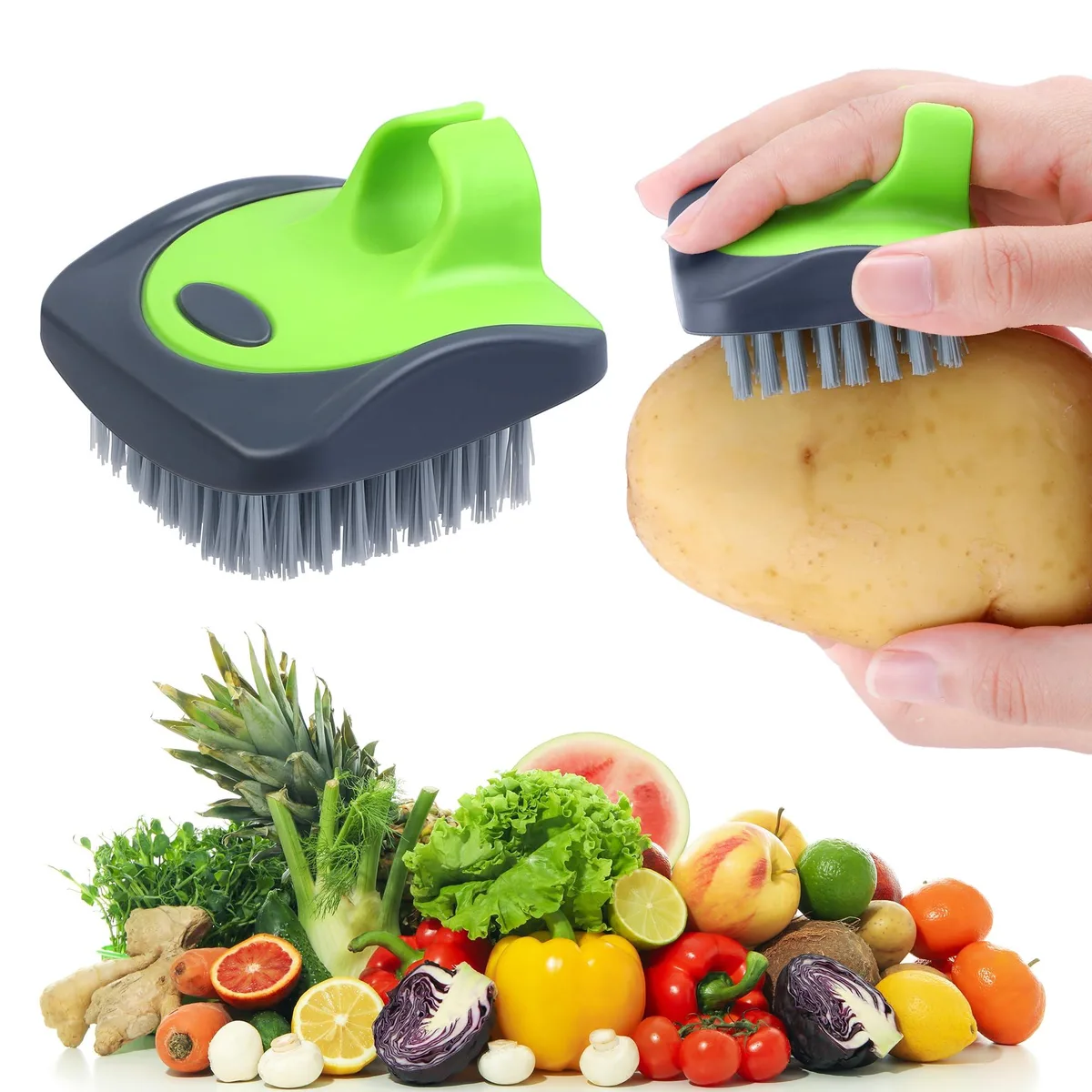 Round green silicone-handled vegetable brush with nylon bristles and a hanging ring