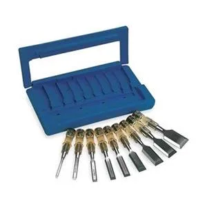 Nine wood chisels in a protective case