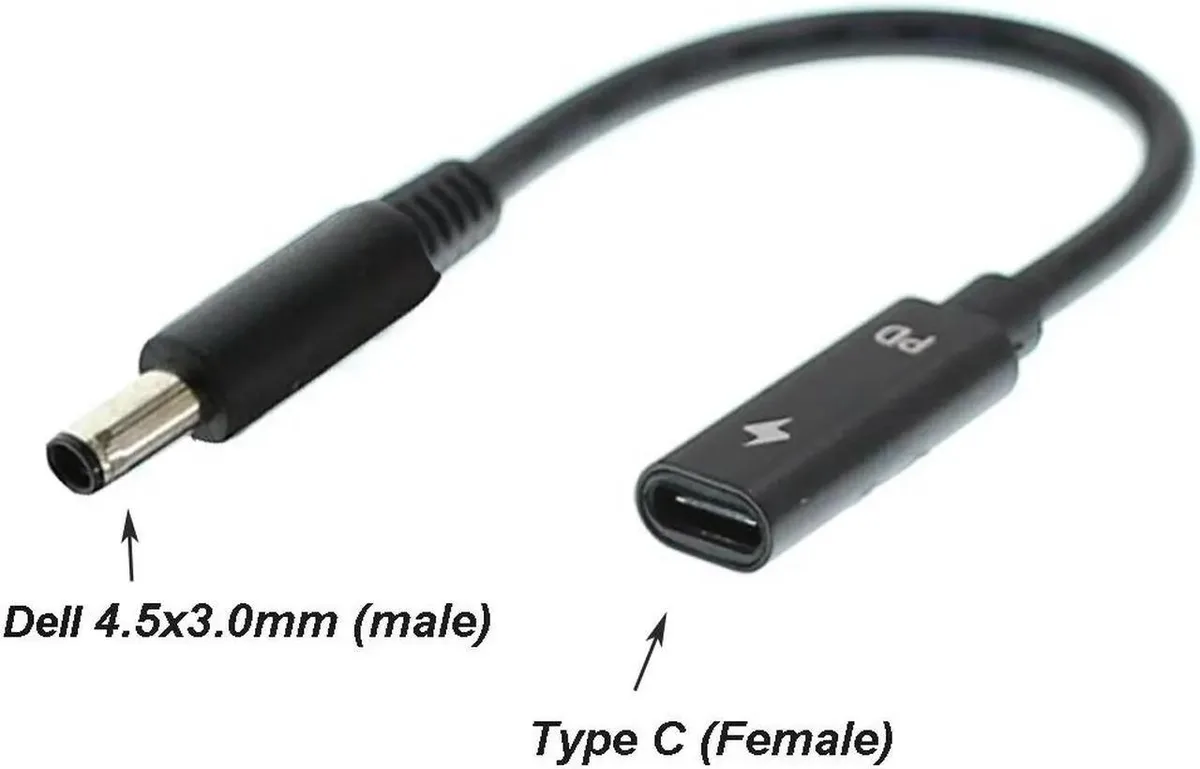 Lirealar Lirealar USB-C Female to Dell 4.5x3.0mm DC Tip PD Converter Cable (Black Tip) computer power adapter cord — product photo