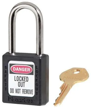 Black thermoplastic lockout padlock with steel shackle and two keys