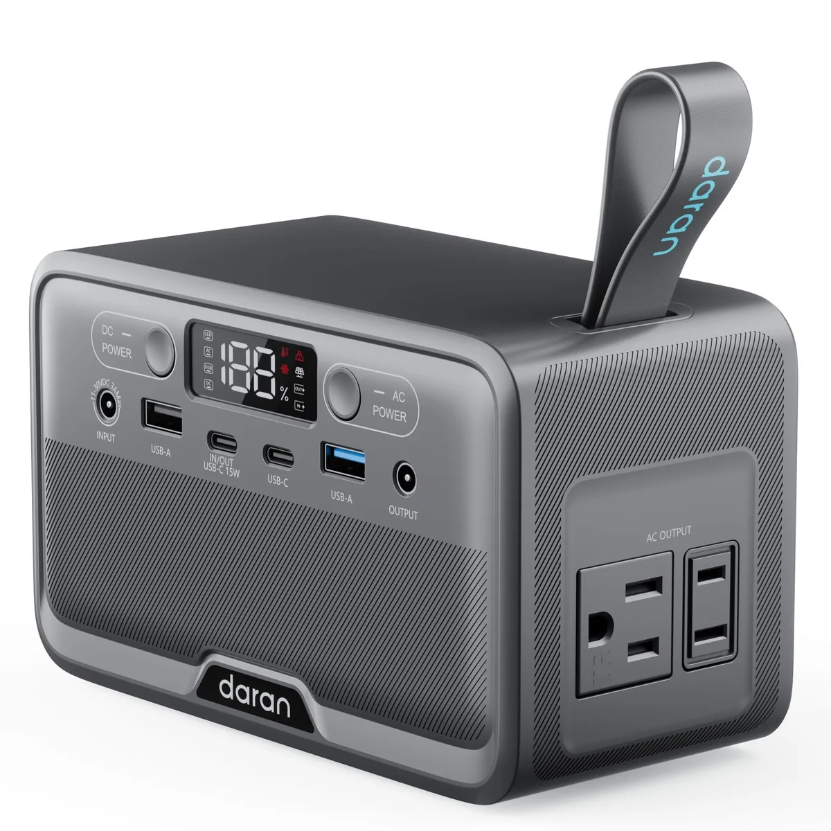 Compact gray rectangular power station with soft handle, AC outlets, USB ports and LED display